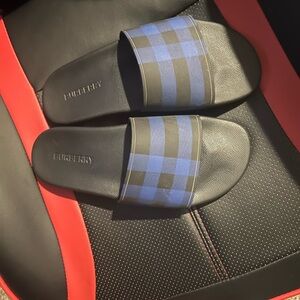 Burberry Black and Blue Plaid Slide Sandals